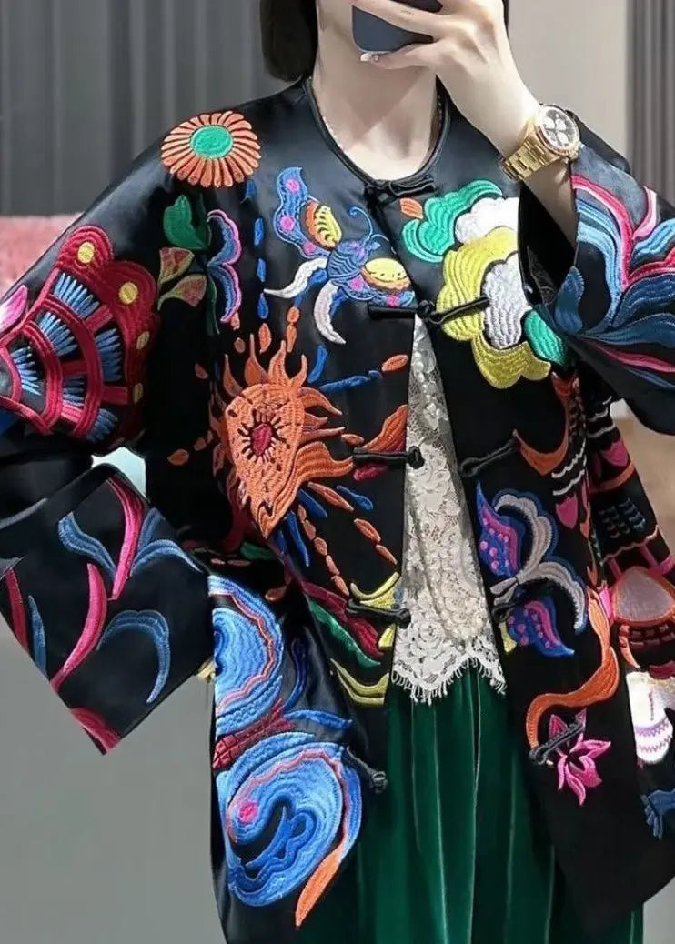 Chinese Style Black Embroidered Button Silk Coats Spring Ada Fashion