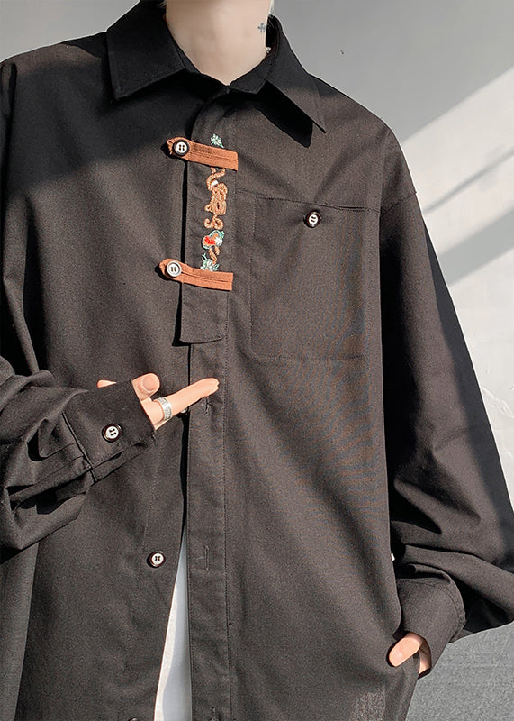 Chinese Style Black Embroideried Mens Shirts Fall RO015