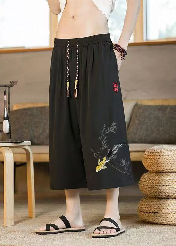 Chinese Style Black Pockets Print Elastic Waist Men Crop Pants Summer SA051