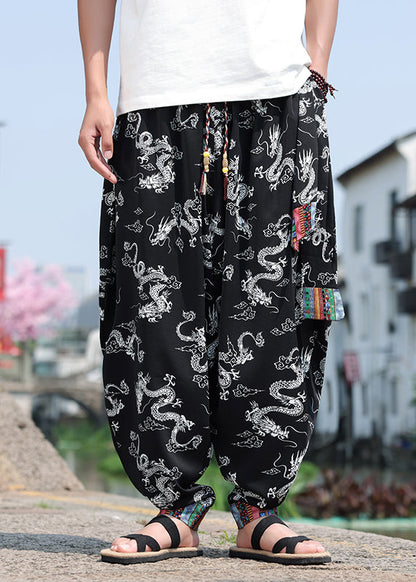 Chinese Style Black Print Ice Silk Loose Men's Lantern Pants Summer YT059