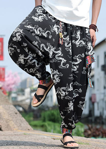 Chinese Style Black Print Ice Silk Loose Men's Lantern Pants Summer YT059