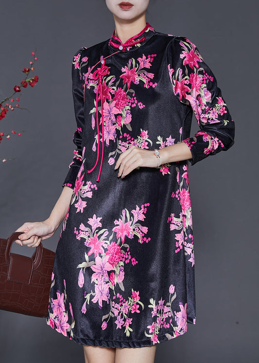 Chinese Style Black Print Silk Velvet Mini Dresses Spring AH388