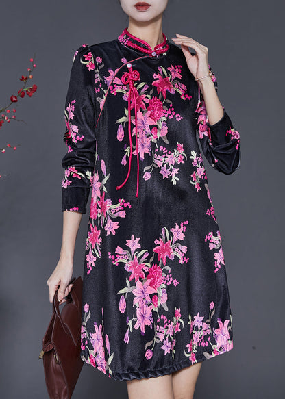 Chinese Style Black Print Silk Velvet Mini Dresses Spring AH388