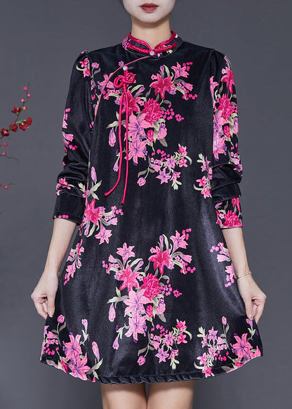 Chinese Style Black Print Silk Velvet Mini Dresses Spring AH388