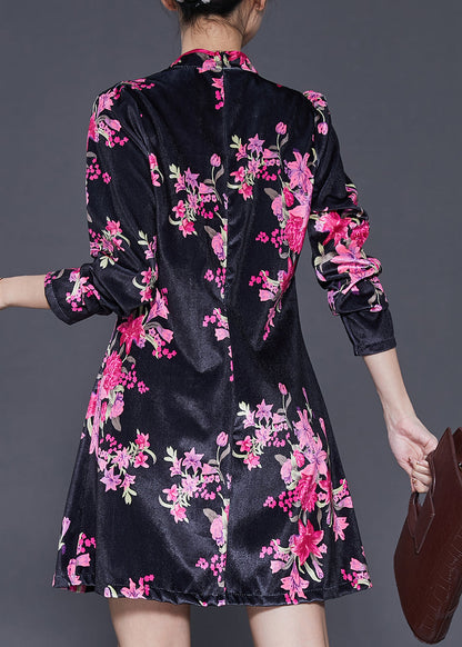 Chinese Style Black Print Silk Velvet Mini Dresses Spring AH388