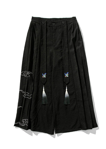 Chinese Style Black Ribbon Print Wrinkled Linen Wide Leg Pants Summer SA048