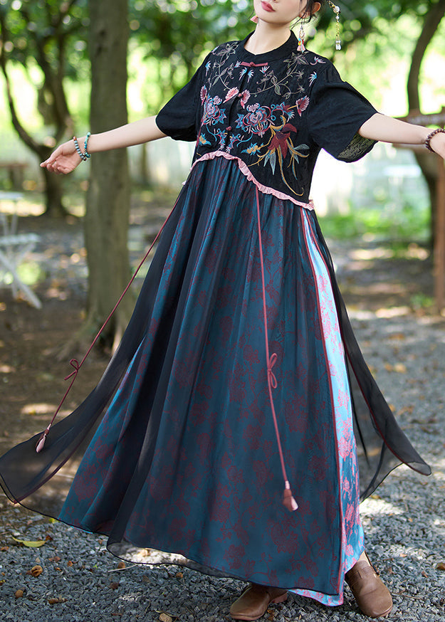 Robe d'été en lin et soie brodée à col montant noir de style chinois WW1014