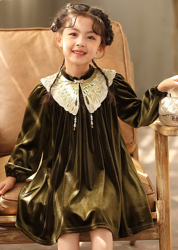 Robe mi-longue en velours de soie brodée à col montant noir de style chinois pour filles, printemps TV038