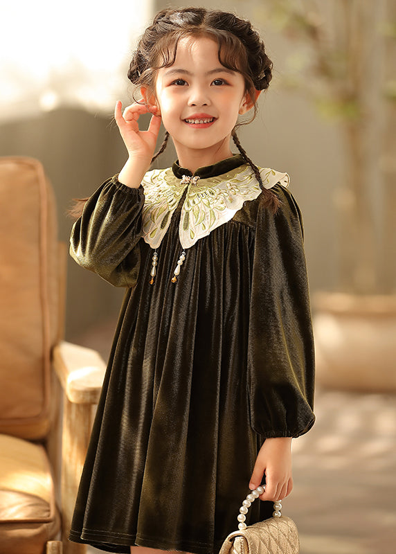 Robe mi-longue en velours de soie brodée à col montant noir de style chinois pour filles, printemps TV038