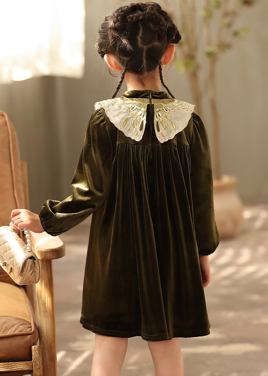 Robe mi-longue en velours de soie brodée à col montant noir de style chinois pour filles, printemps TV038