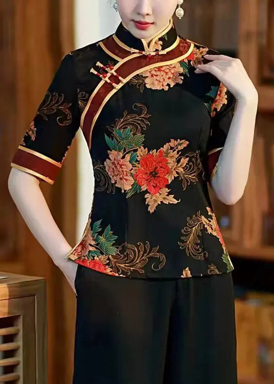 Chinese Style Black Stand Collar Print Button Cotton Top Summer Ada Fashion