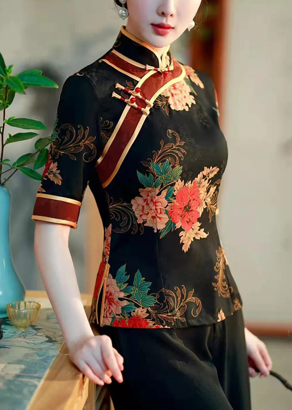 Chinese Style Black Stand Collar Print Button Cotton Top Summer Ada Fashion