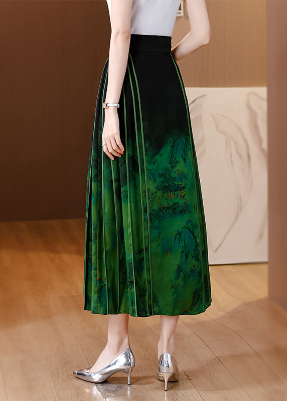 Chinese Style Blackish Green Wrinkled Print Silk Skirts Spring QQ1031