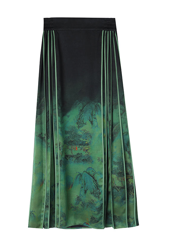 Chinese Style Blackish Green Wrinkled Print Silk Skirts Spring QQ1031