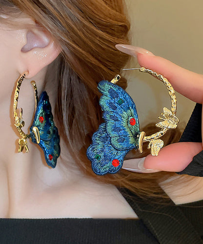 Chinese Style Blue Alloy Inlaid Cloth Embroidery Zircon Butterfly Hoop Earrings QJ048