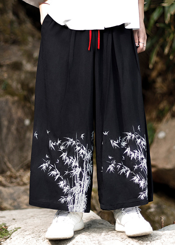 Chinese Style Blue Embroideried Pockets Cotton Mens Wide Leg Pants Summer SA032