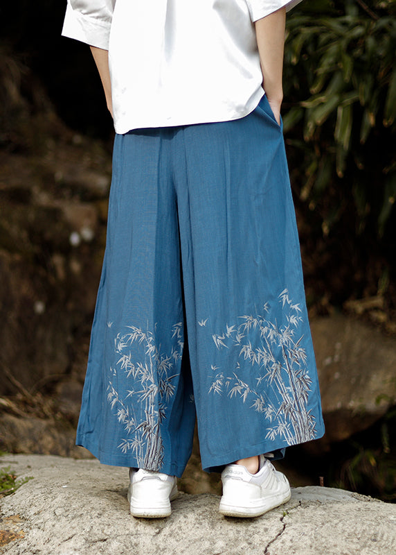 Chinese Style Blue Embroideried Pockets Cotton Mens Wide Leg Pants Summer SA032