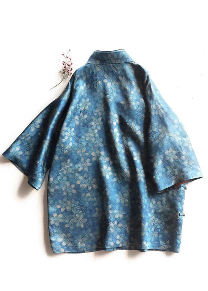 Chinese Style Blue Print Button Silk Blouses Bracelet Sleeve AU1052