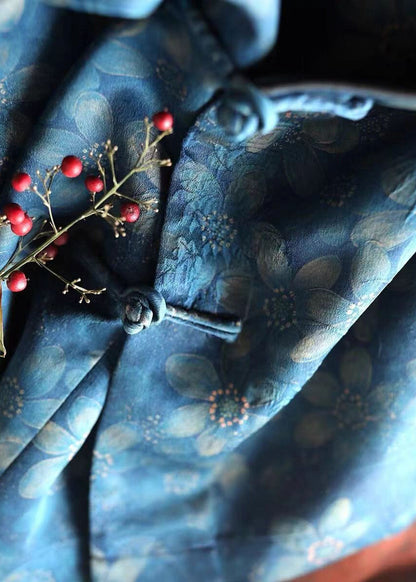 Chinese Style Blue Print Button Silk Blouses Bracelet Sleeve AU1052