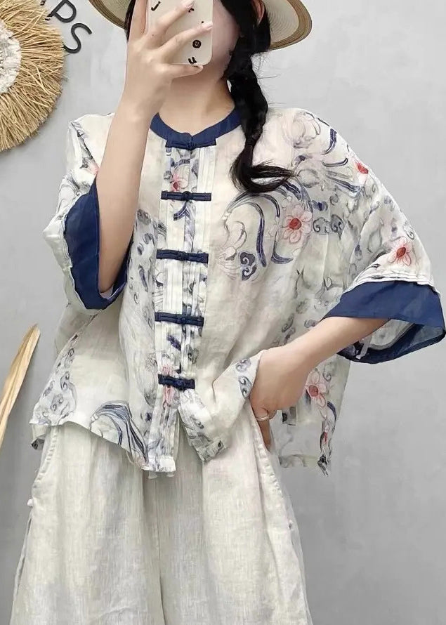 Hemden Sommer Stil Blau Chinesische Leinen Patchwork Druck