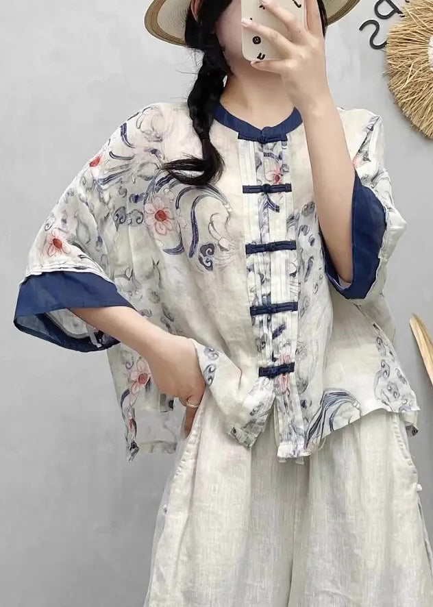 Hemden Sommer Stil Blau Chinesische Leinen Patchwork Druck