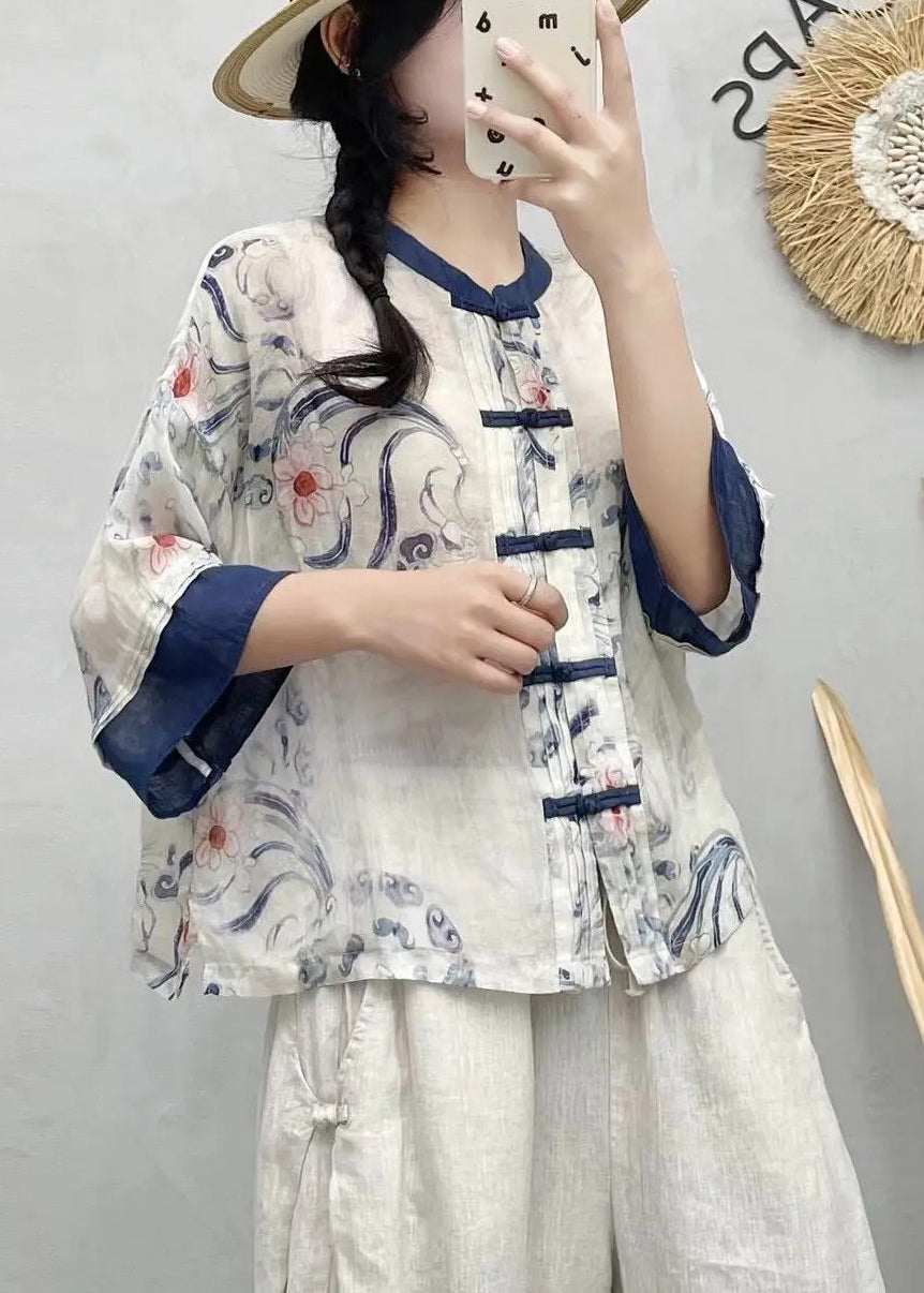 Hemden Sommer Stil Blau Chinesische Leinen Patchwork Druck