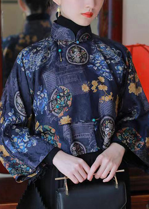 Chinesischen Stil Blau Stehkragen Print Seide Shirts Frühling YW038