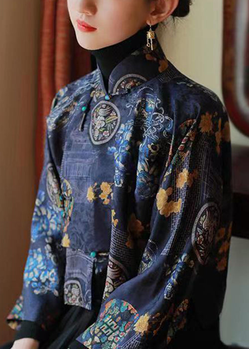 Chinesischen Stil Blau Stehkragen Print Seide Shirts Frühling YW038