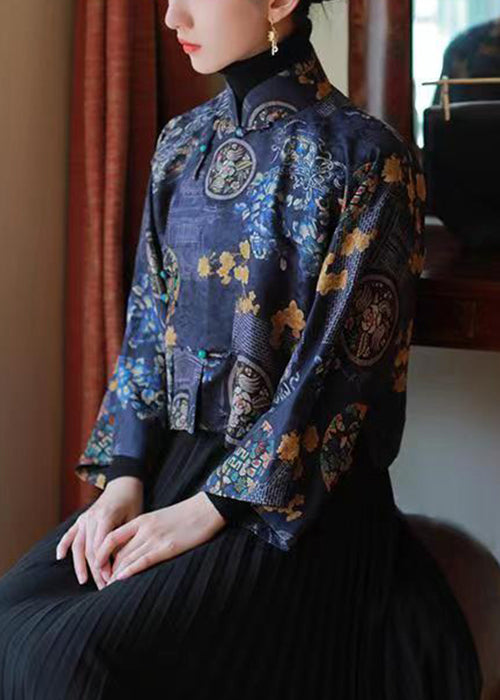 Chinesischen Stil Blau Stehkragen Print Seide Shirts Frühling YW038