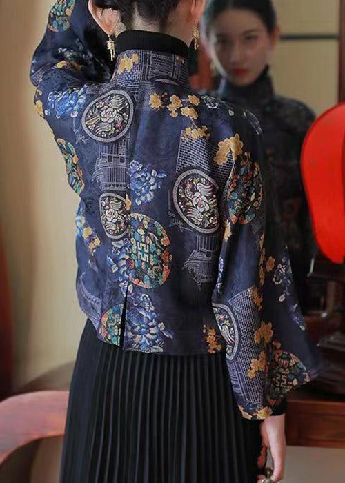 Chinesischen Stil Blau Stehkragen Print Seide Shirts Frühling YW038