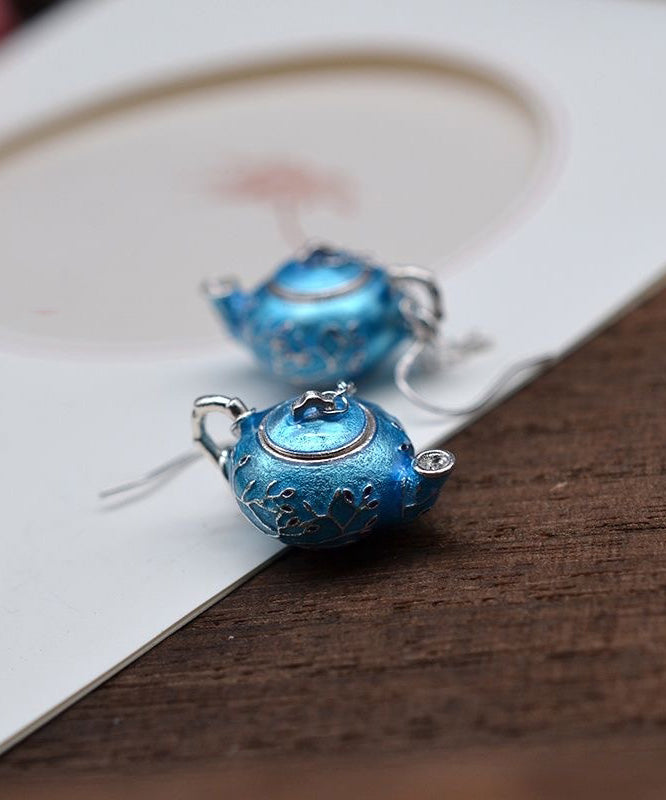 Chinese Style Blue Sterling Silver Cloisonne Plum Blossom Teapot Hoop Earrings RB011