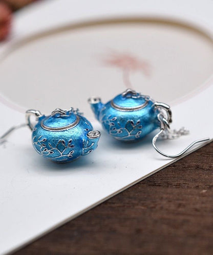 Chinese Style Blue Sterling Silver Cloisonne Plum Blossom Teapot Hoop Earrings RB011