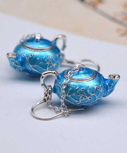 Chinese Style Blue Sterling Silver Cloisonne Plum Blossom Teapot Hoop Earrings RB011