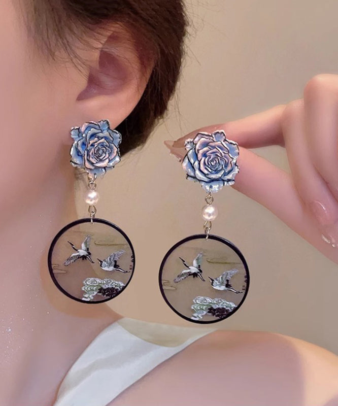 Chinese Style Blue Sterling Silver Floral Pearl Crowned Crane Drop Earrings QQ023