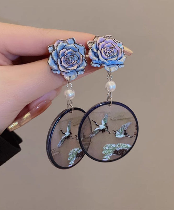 Chinese Style Blue Sterling Silver Floral Pearl Crowned Crane Drop Earrings QQ023