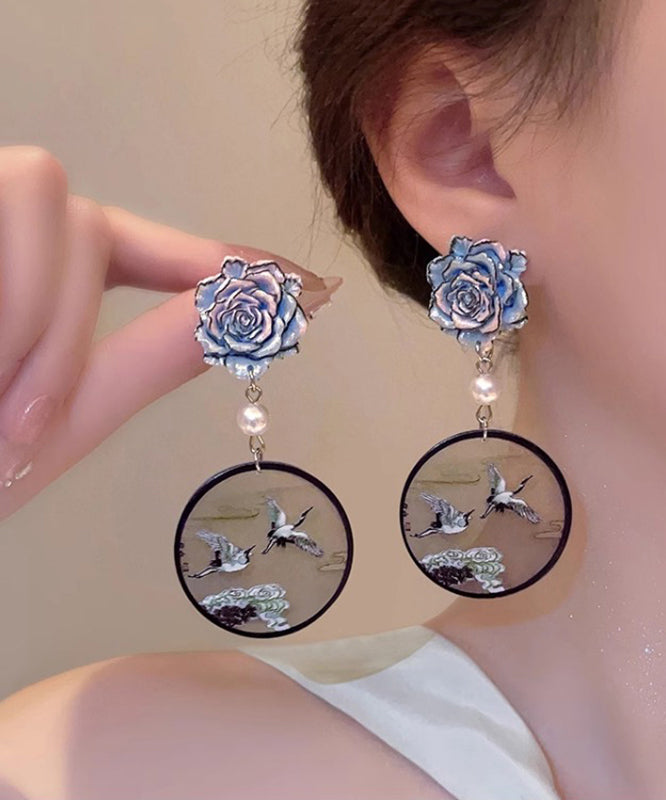 Chinesischen Stil Blau Sterling Silber Floral Perle Gekrönt Kranich Tropfen Ohrringe QQ023