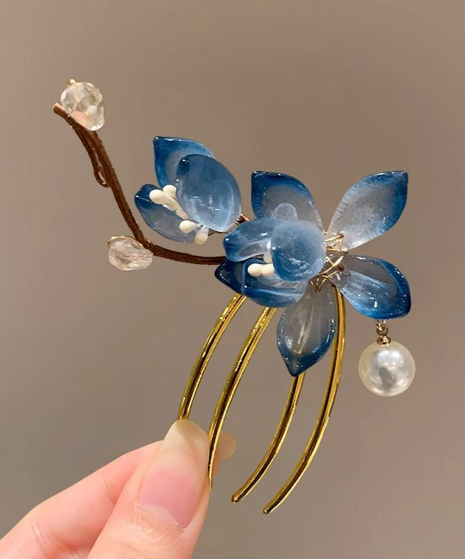 Chinese Style Blue Sterling Silver Overgild U Shaped Floral Hairpin AB1071