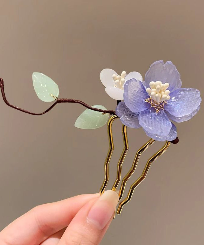 Chinese Style Blue Sterling Silver Overgild U Shaped Floral Hairpin AB1071