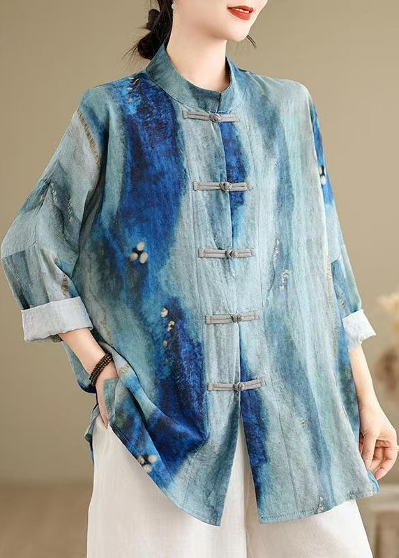 Chemises en coton à boutons style chinois bleu tie-dye oriental, printemps TJ013