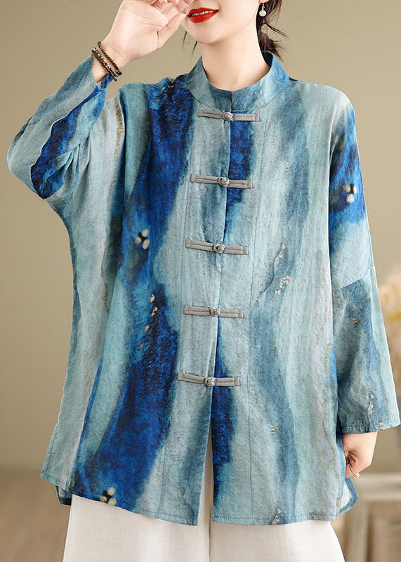 Chemises en coton à boutons style chinois bleu tie-dye oriental, printemps TJ013
