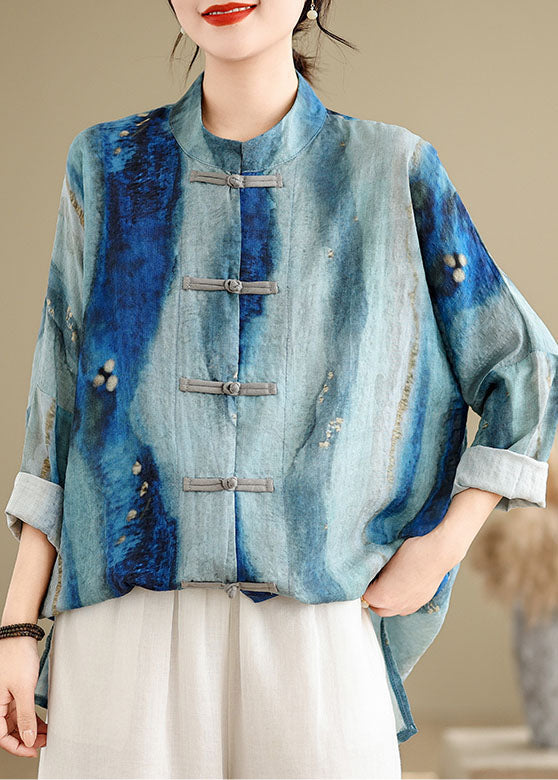 Chemises en coton à boutons style chinois bleu tie-dye oriental, printemps TJ013