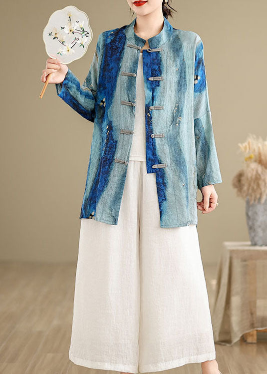Chemises en coton à boutons style chinois bleu tie-dye oriental, printemps TJ013