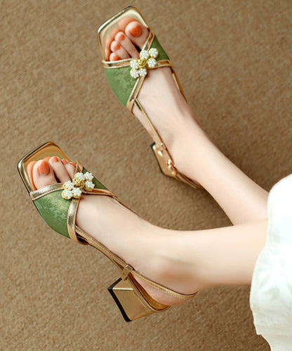 Chinese Style Chunky Sandals Green Cowhide Leather Peep Toe WT022