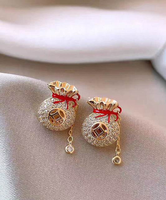 Chinese Style Copper 14K Gold Zircon Blessing Bag Tassel Stud Earrings WZ006