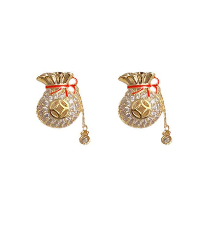 Chinese Style Copper 14K Gold Zircon Blessing Bag Tassel Stud Earrings WZ006