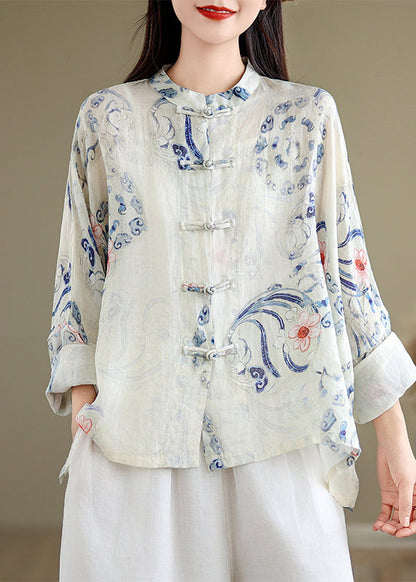 Chinese Style Cyan Stand Collar Print Shirts Long Sleeve AP059