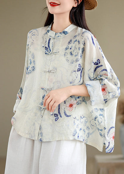 Chinese Style Cyan Stand Collar Print Shirts Long Sleeve AP059