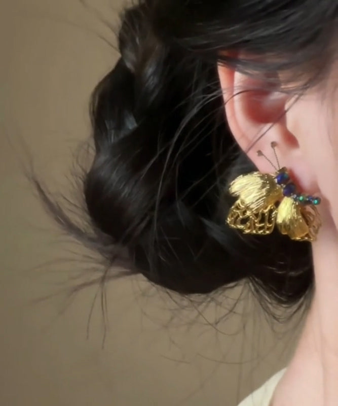 Boucles d'oreilles à tige en or style alliage avec perles papillon chinoises