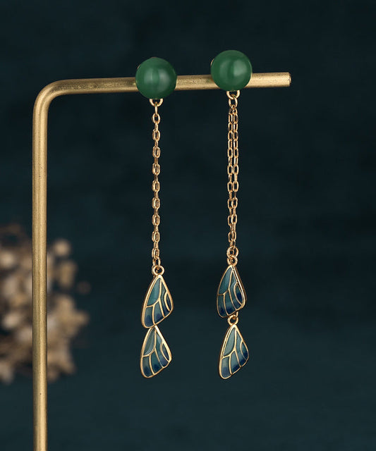 Boucles d'oreilles pendantes à pampilles en plumes cloisonnées en jade doré et or de style chinois antique Dharma AC1077