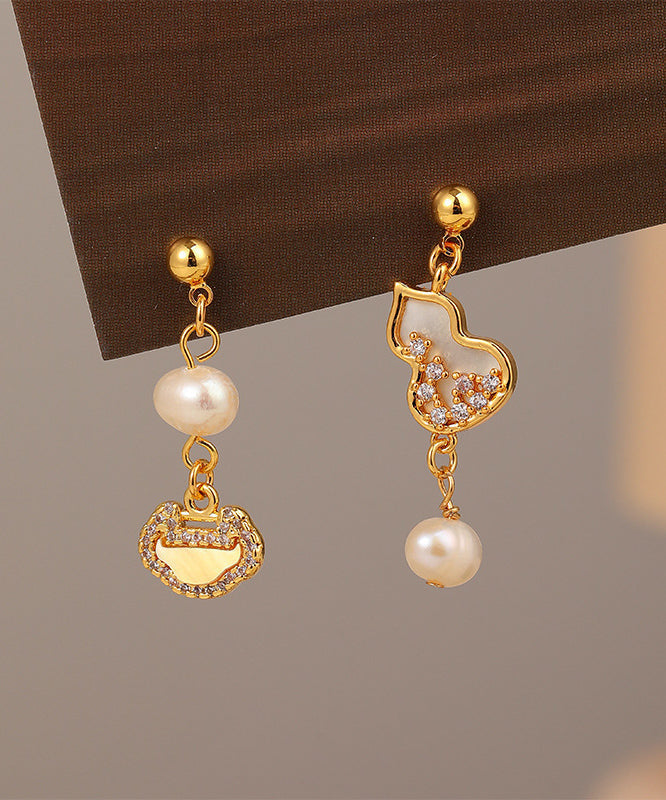 Chinese Style Gold Copper Overgild Pearl Zircon Drop Earrings QI070